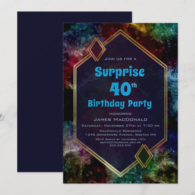 Invitation Gold Blue Parties scintillant Surprise 40e fête d' (Devant / Derrière)