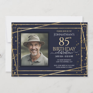 Invitation Gold Blue Photo 85th Birthday Party