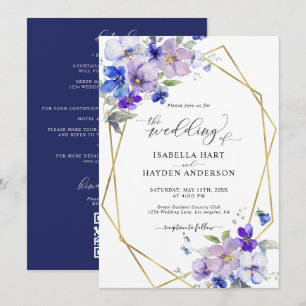 Invitation Gold Blue Purple Floral Tout en 1 QR Code Mariage