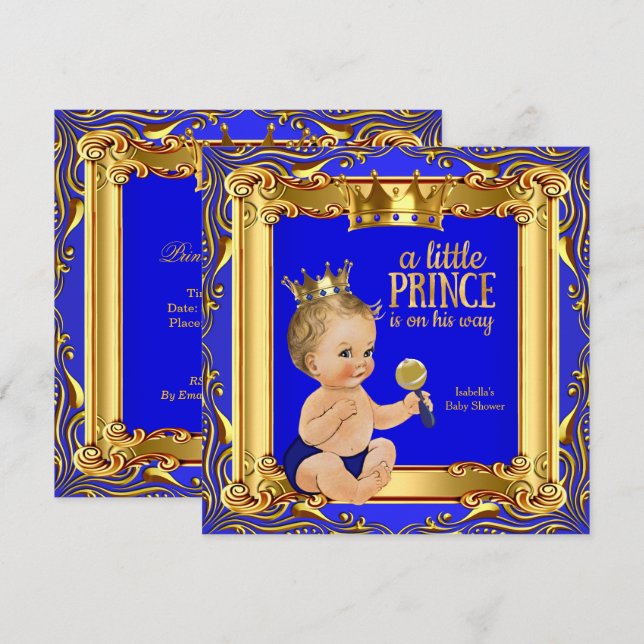 Invitation Gold Blue Royal Prince Baby shower Blonde Baby Boy (Devant / Derrière)