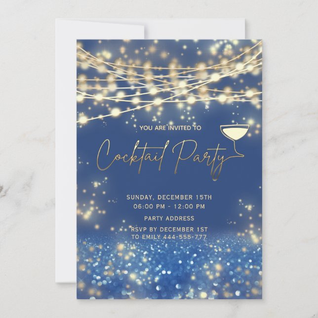 Invitation Gold blue string lumières entreprise Cocktail part (Devant)