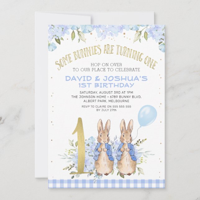 Invitation Gold Blue Twins Floral Peter Rabbit 1er anniversai (Devant)