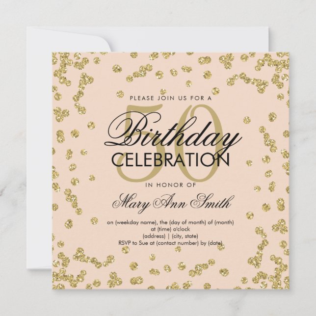 Invitation Gold Blush 50th Birthday Elegant Parties scintilla (Devant)