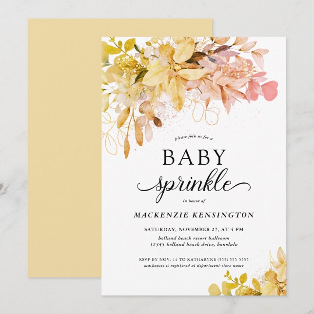 Invitation Gold Blush Autumn Botanical Baby Sprinkle (Devant / Derrière)