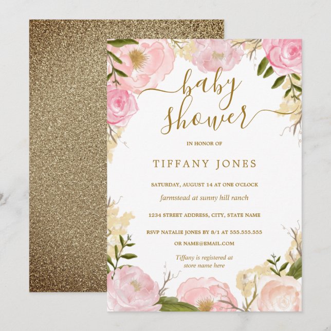 Invitation Gold Blush Floral Aquarelle Baby shower fille (Devant / Derrière)