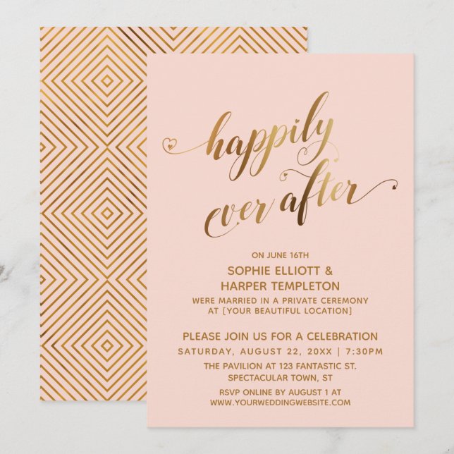 Invitation Gold & Blush heureux jamais après Mariage post (Devant / Derrière)