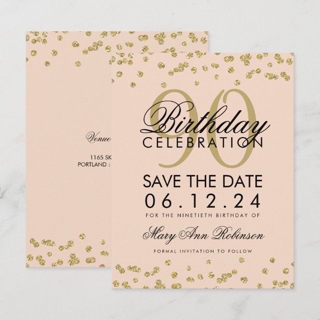 Invitation Gold Blush Pink 90e anniversaire Date de sauvegard (Devant / Derrière)