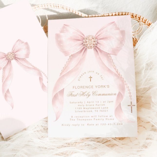 Invitation Gold Blush Pink Bow First Holly Communion (Créateur téléchargé)