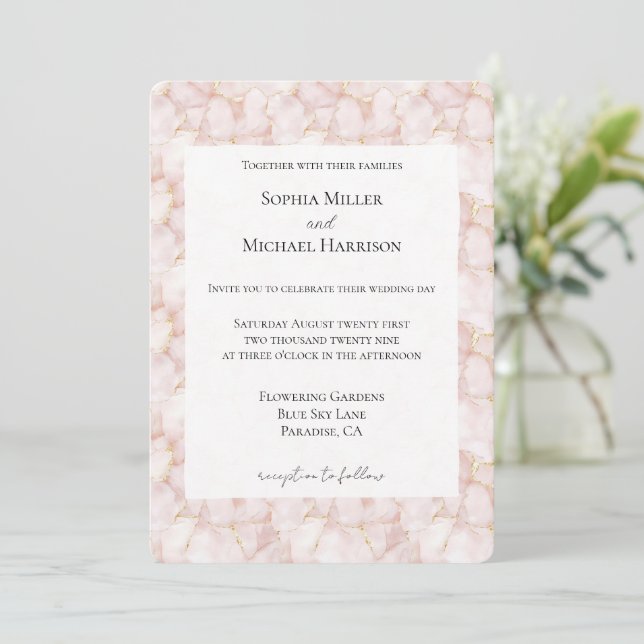 Invitation Gold Blush Pink Rose Petals Floral Wedding (Debout devant)