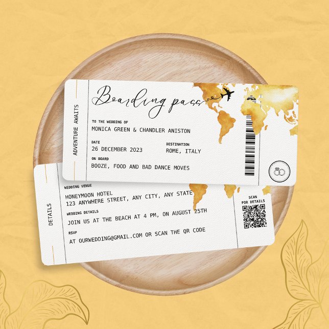 Invitation Gold Boarding Pass Destination Wedding Code QR (Créateur téléchargé)