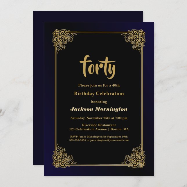 Invitation Gold Border Black 40th Birthday Party (Devant / Derrière)
