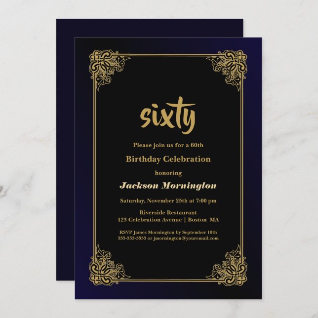 Invitation Gold Border Black 60th Birthday Party (Devant / Derrière)