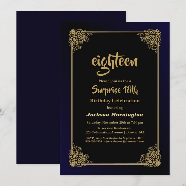 Invitation Gold Border Blue Surprise 18e fête d'anniversaire (Devant / Derrière)