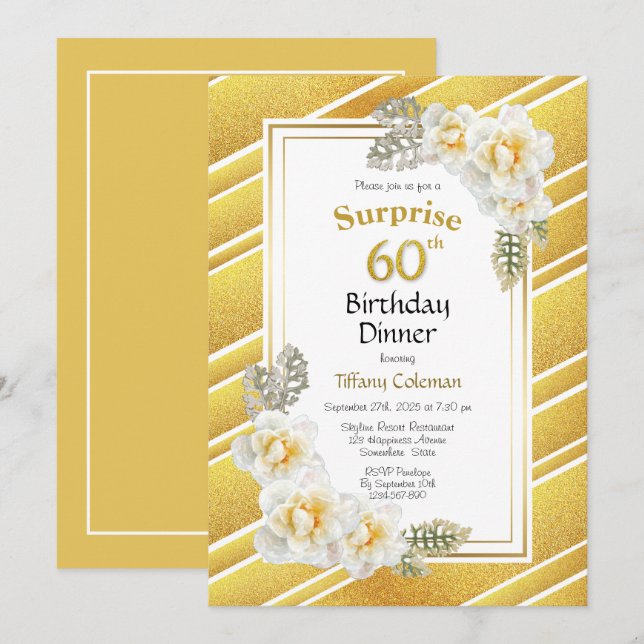 Invitation Gold Border Floral Surprise 60e Anniversaire Dîner (Devant / Derrière)