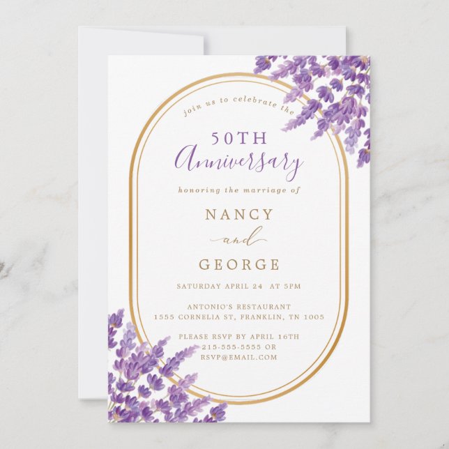 Invitation Gold Border Lavender 50e anniversaire de Mariage (Devant)