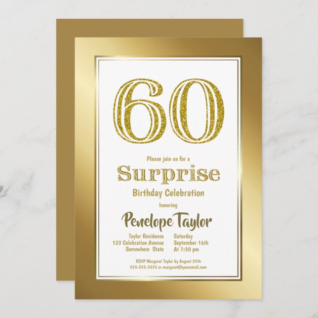 Invitation Gold Border Surprise 60e fête d'anniversaire (Devant / Derrière)