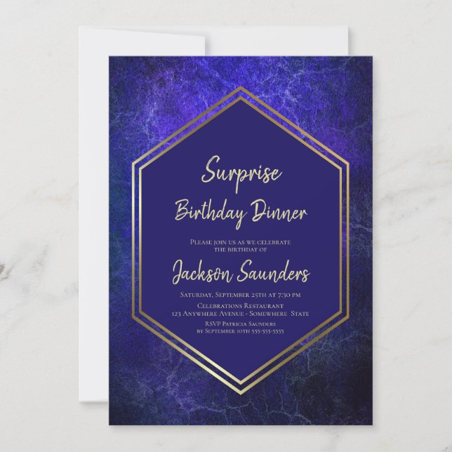 Invitation Gold Bordure Bleu Surprise Dîner d'anniversaire (Devant)