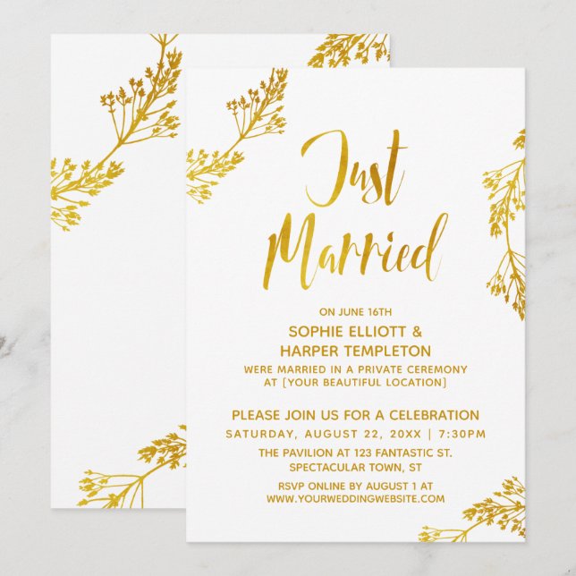 Invitation Gold Botanical Just Marié Post Mariage Événement (Devant / Derrière)