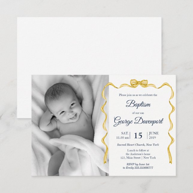 Invitation Gold Bow Baptism Événement religieux photo personn (Devant / Derrière)