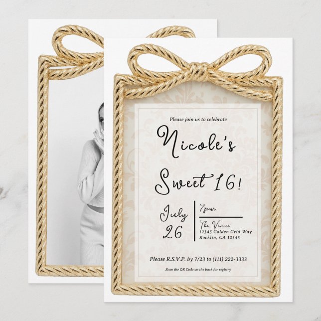 Invitation Gold Bow Cadeau cadeau cadeau boîte Sweet 16 Party (Devant / Derrière)