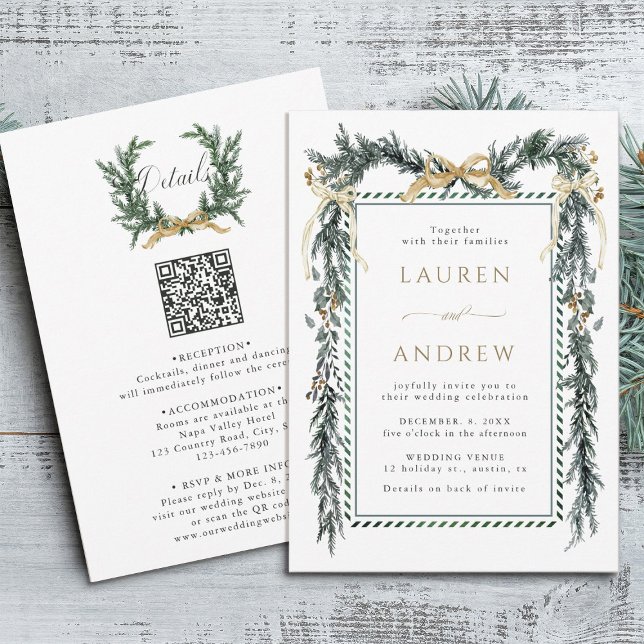 Invitation Gold Bow & Greenery Garland Wedding All in One (Front & Back)