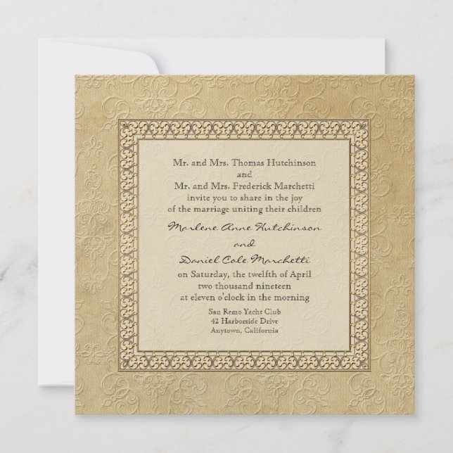 Invitation Gold Brocade Damask Floral Formal Mariage élégant (Devant)