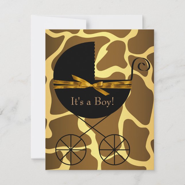 Invitation Gold Brown Carriage Boy Giraffe Baby shower (Devant)