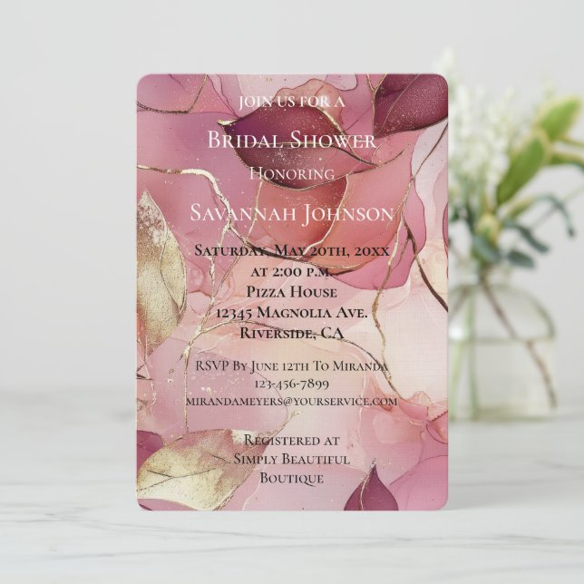 Invitation Gold Burgundy Blush Feuilles Fête des mariées roma (Debout devant)
