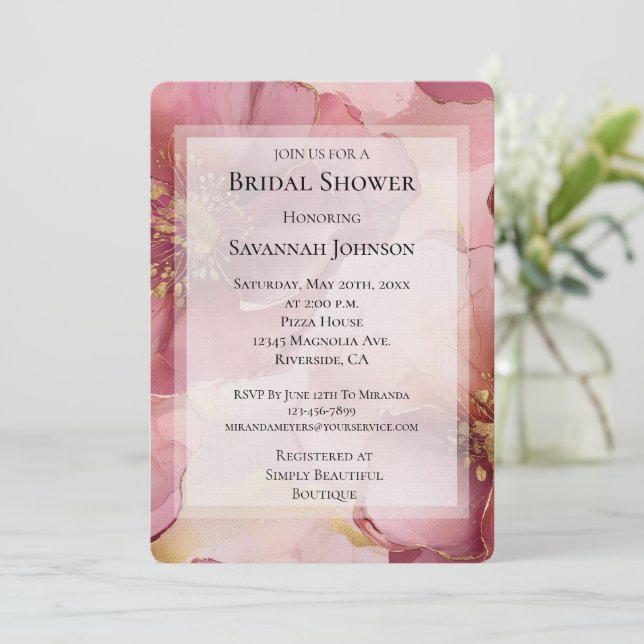 Invitation Gold Burgundy Blush Floral Fête des mariées romant (Debout devant)