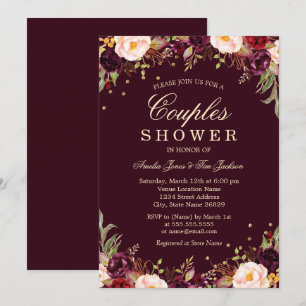 Invitation Gold Burgundy Elégant Couples Floral Douche