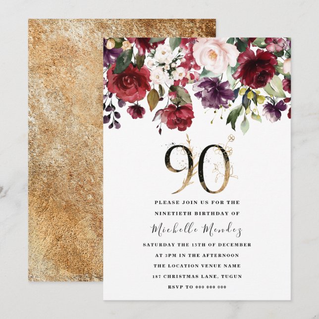 Invitation Gold Burgundy Floral Elégant 90ème Anniversaire (Devant / Derrière)