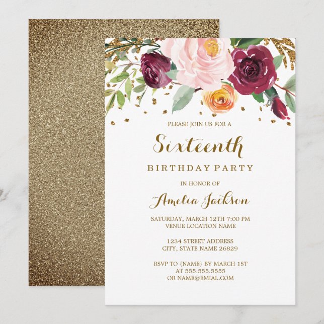 Invitation Gold Burgundy Floral Parties scintillant 16e fête  (Devant / Derrière)