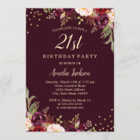 Gold Burgundy floral Sparkle 21e anniversaire fête