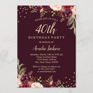 Invitation Gold Burgundy floral Sparkle 40e fête d'anniversai