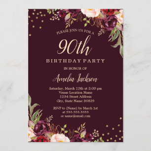 Invitation Gold Burgundy floral Sparkle 90e fête d'anniversai