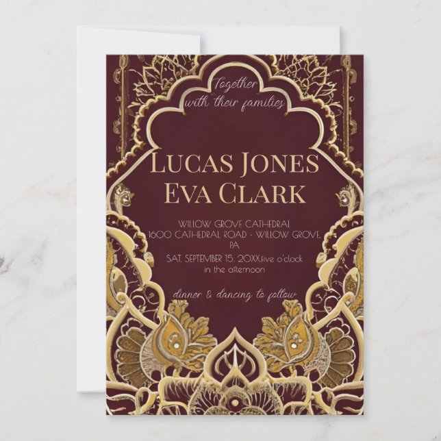 Invitation Gold Burgundy Mehendi Henna Mariage indien Invitat (Devant)