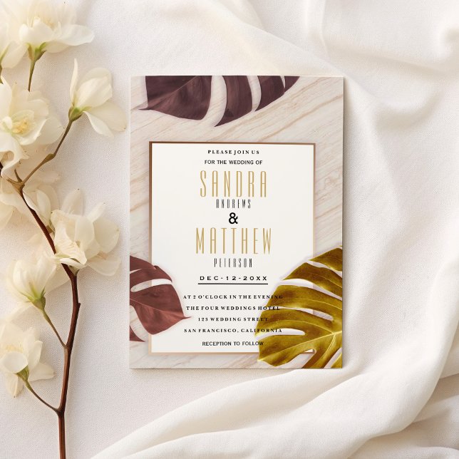 Invitation Gold burgundy rose or marbre tropical Mariage (Gold burgundy rose gold marble tropical Wedding )
