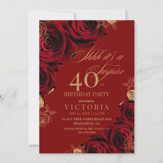 Invitation Gold Burgundy Roses Surprise 40e anniversaire (Devant)