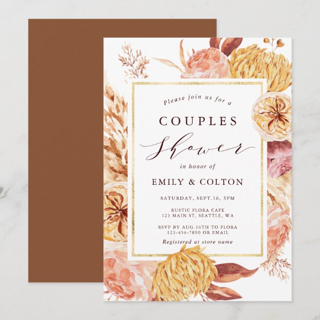 Invitation Gold Burgundy Terracotta Floral Couples Douche (Devant / Derrière)