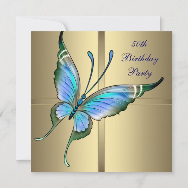 Invitation Gold Butterfly Womans 50e fête d'anniversaire (Devant)