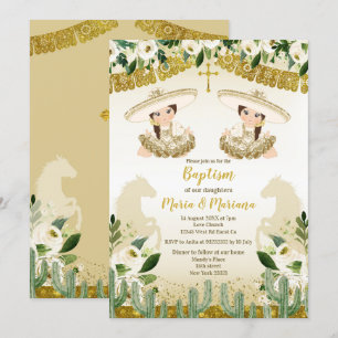 Invitation Gold Cactus Twins Girl Baptême et Anniversaire
