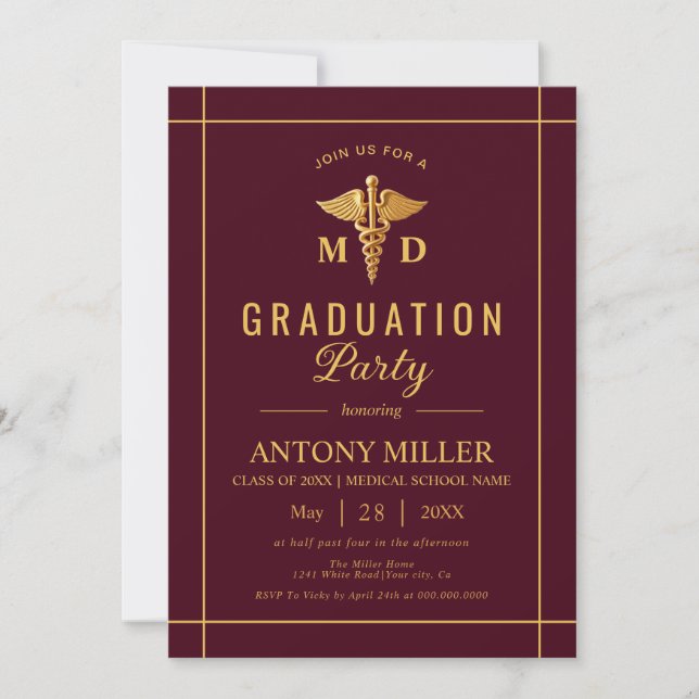 Invitation Gold caduceus Classe De 2025 burgundy graduation (Devant)