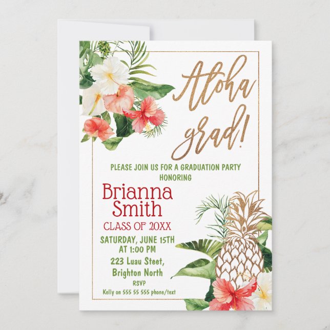 Invitation Gold Calligraphie Floral Luau Graduation (Devant)