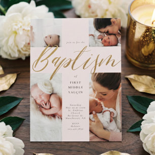 Invitation Gold Calligraphie Photo Collage Baby Baptism Croix