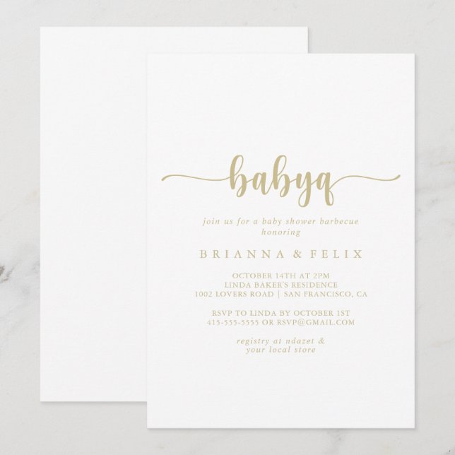 Invitation Gold Calligraphy BabyQ Baby shower Barbecue (Devant / Derrière)
