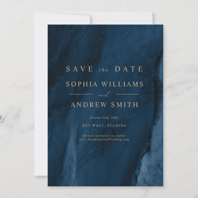 Invitation Gold Calligraphy & Navy Blue Enregistrer la date (Devant)
