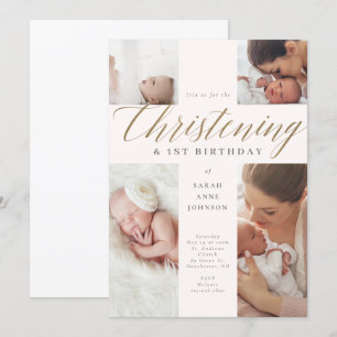 Invitation Gold Calligraphy Photo Christening & 1er Anniversa