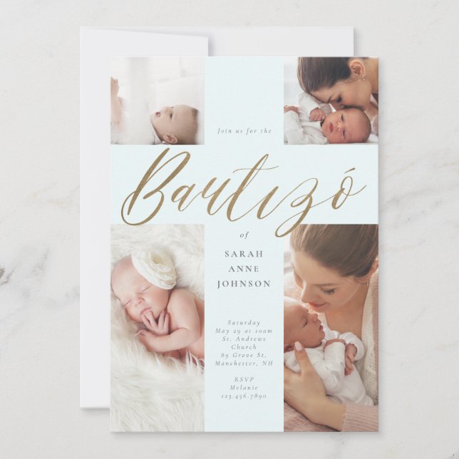 Invitation Gold Calligraphy Photo Collage Baby Bautizó Cross (Devant)