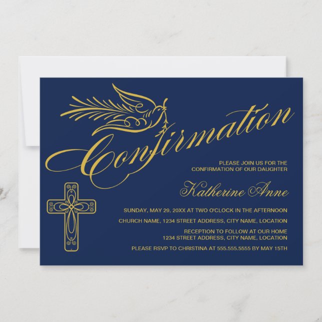 Invitation Gold Calligrigraphy Confirmation Croix et colombe (Devant)