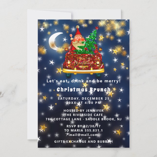 Invitation Gold Car Joyeux Noël Brunch Diner Père Noël Navy (Devant)